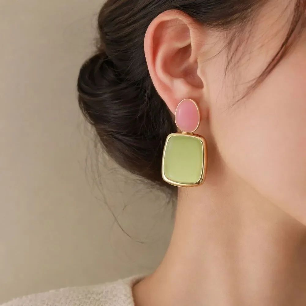 NWOT Zara Color Block Statement Earrings  Pink Green – Gold Tone Geometric Drop